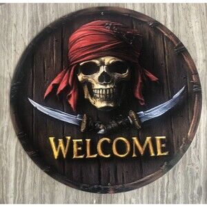Retro Pirate Welcome Vintage Round Tin Metal Signs Home Décor 8x8 NEW!!